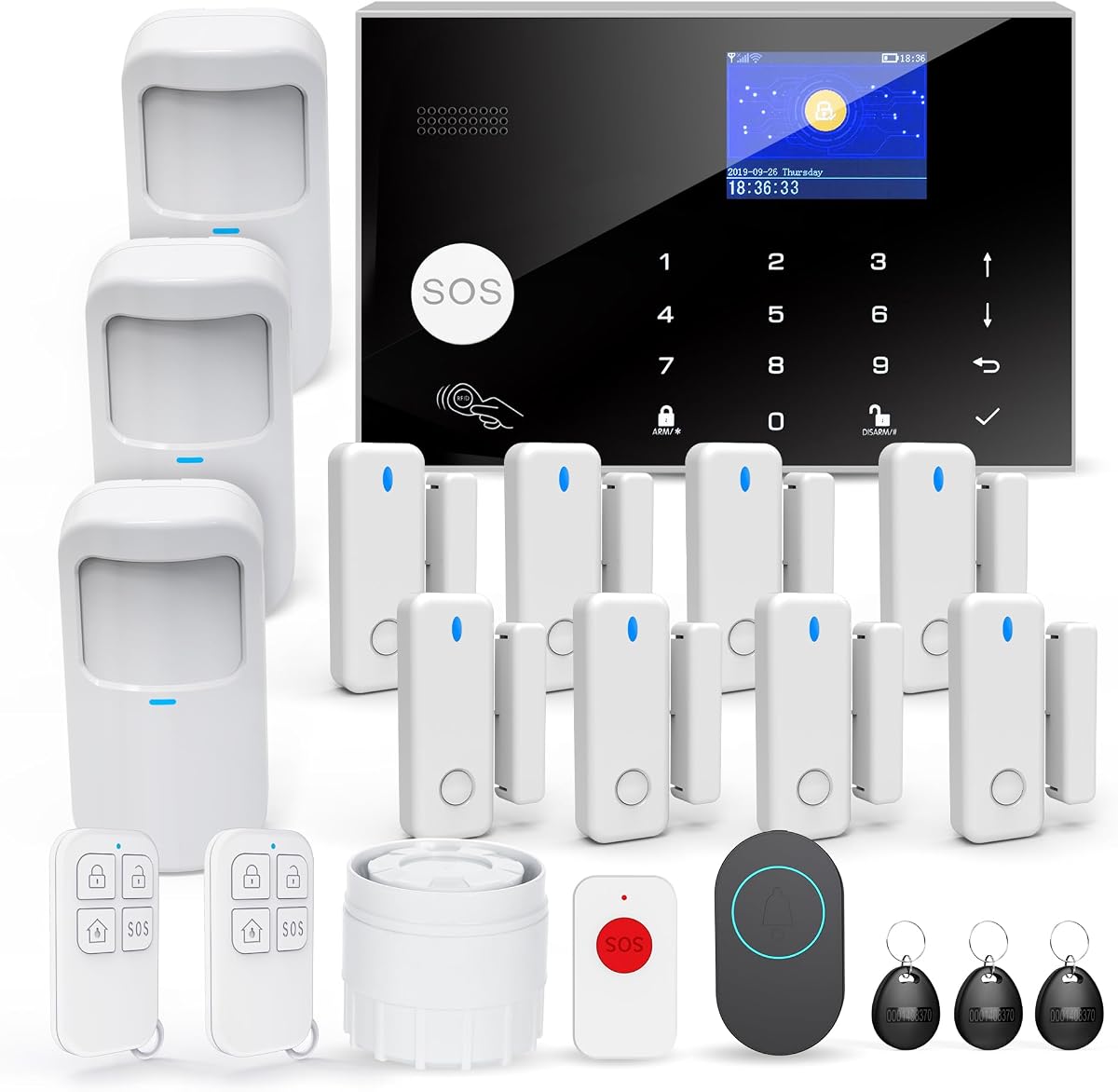 Ver especificaciones técnicas y precio actualizado de Alarma Inalámbrica WiFi para el Hogar, 20 Piezas gsm 4G Sistema Antirrobo Fotografía técnica oficial de Alarma Inalámbrica WiFi para el Hogar, 20 Piezas gsm 4G Sistema Antirrobo - Vista frontal con fondo blanco